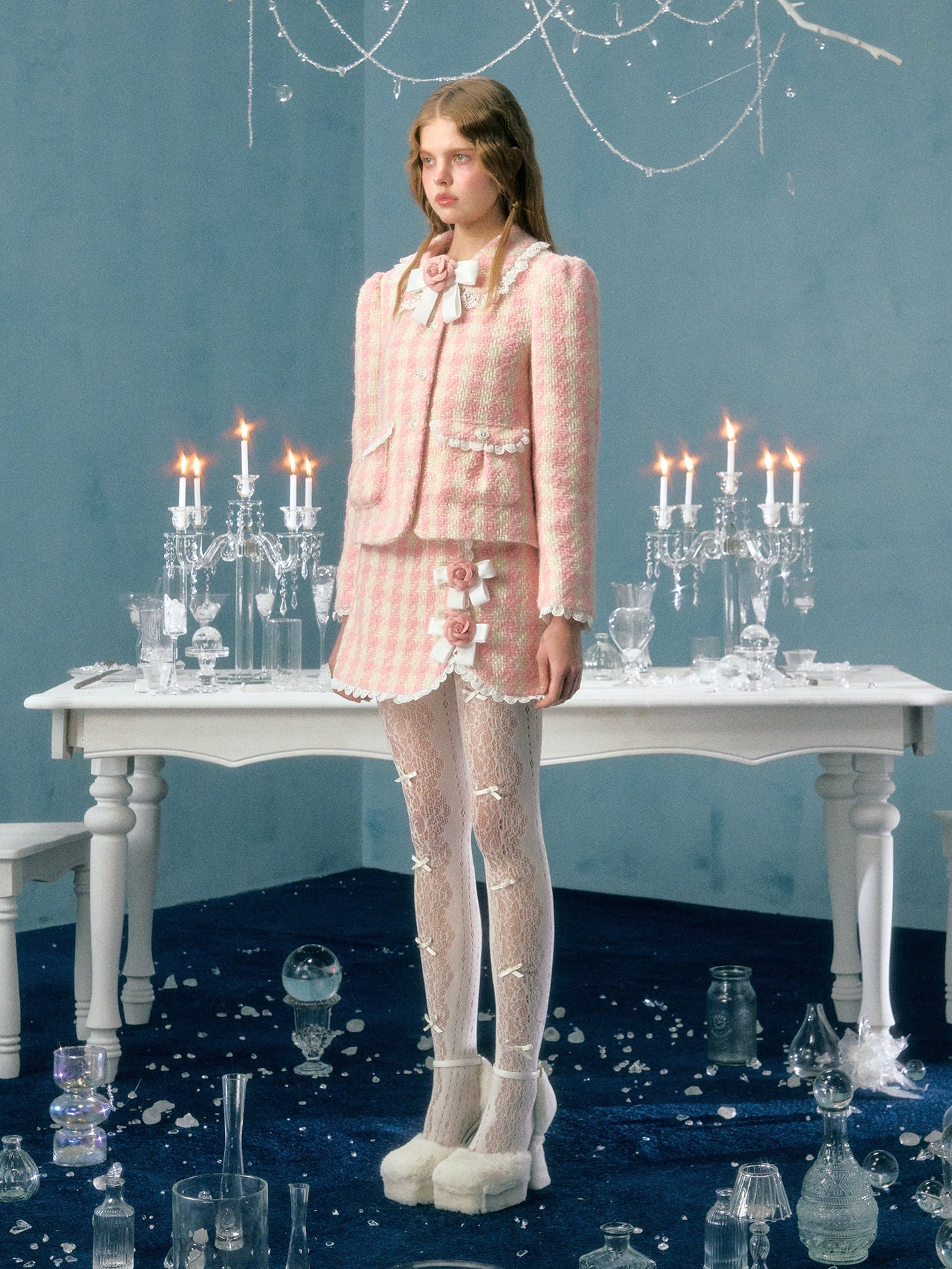 Plaid Bow Flower Brosche Spee Paded Short Jacket & Rock