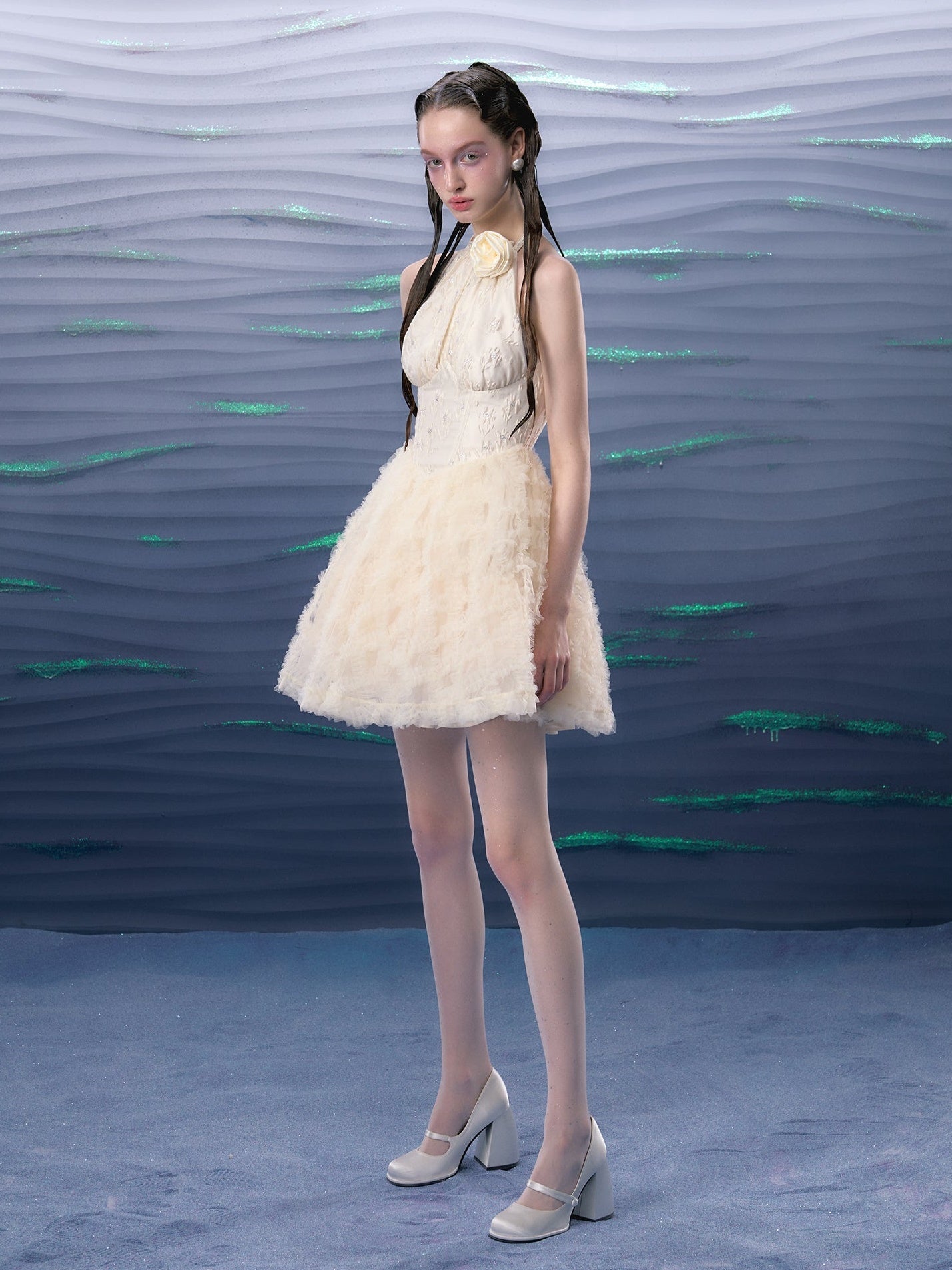 Jacquard Mesh Hem Flower Brooch Halter Neck Dress