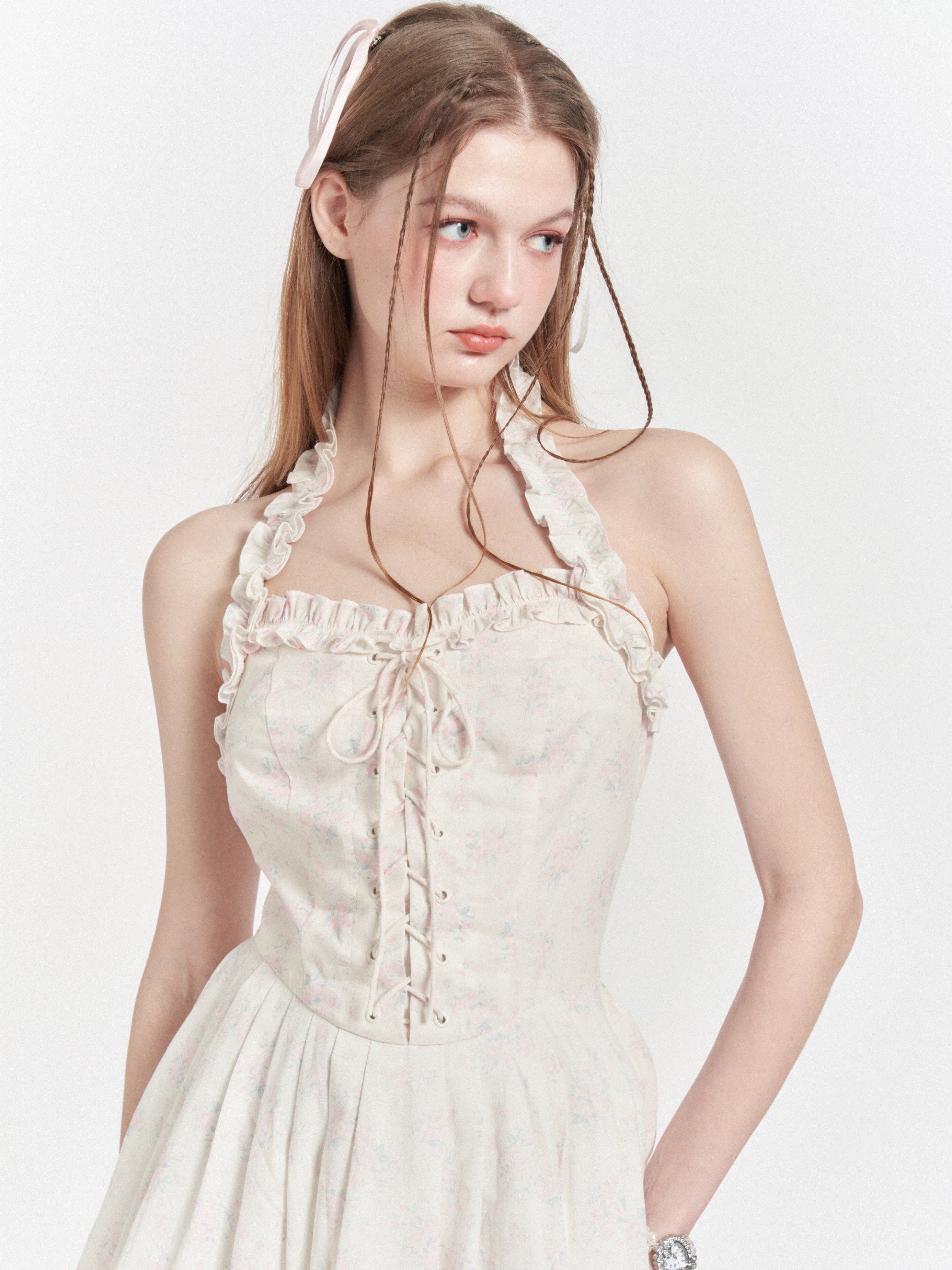 Floral Halter Neck Backless Sling Dress