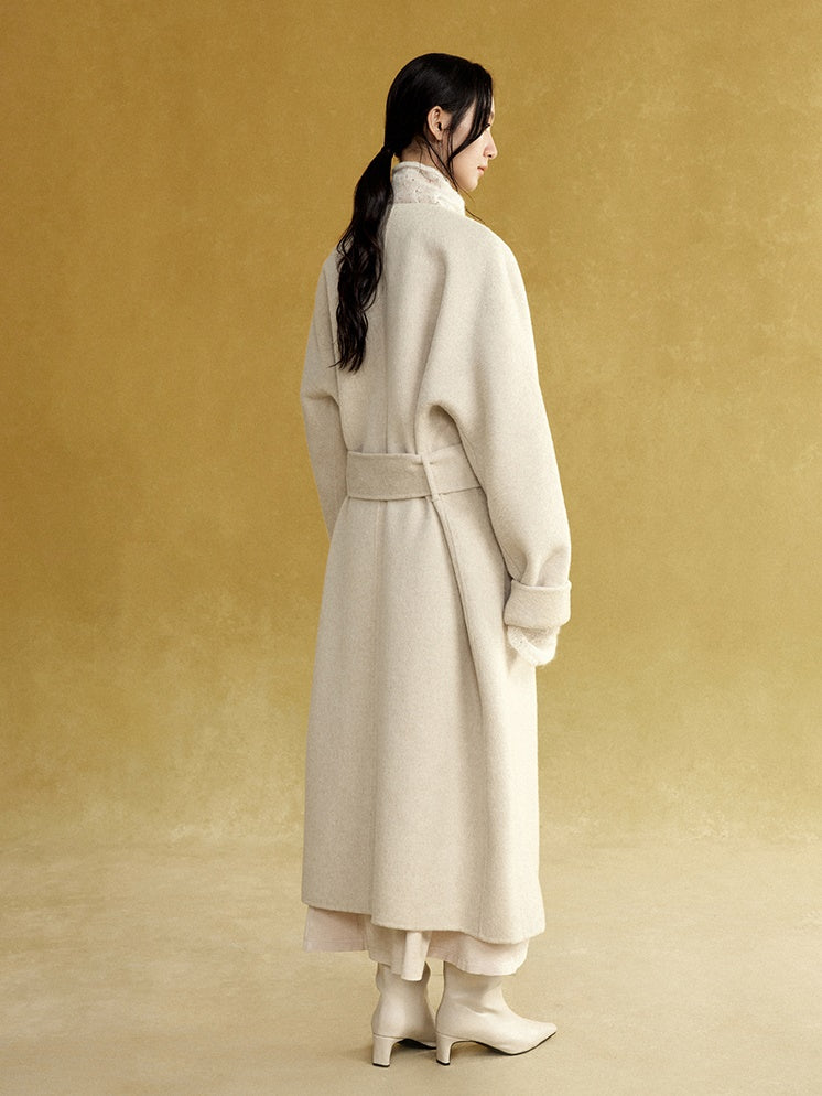 칼라가없는 긴 양면 가운 코트