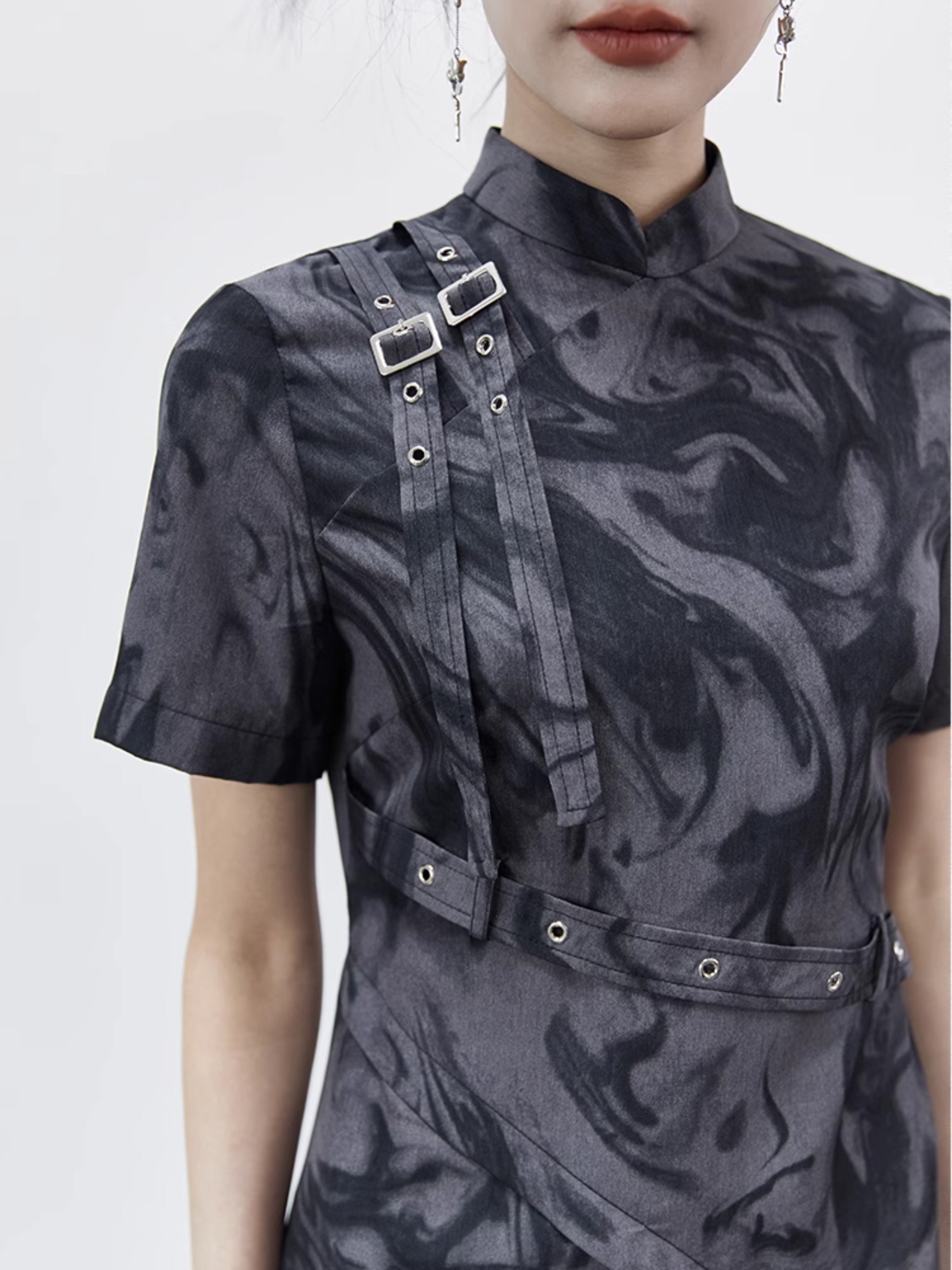 Tie-Dye Strap Design Cheongsam Short Sleeve Dress