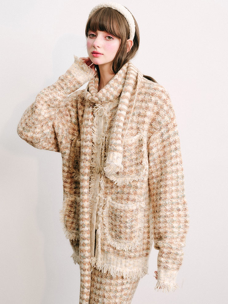 Knitted Fringe Cardigan Jacket With Stole & Long Skirt