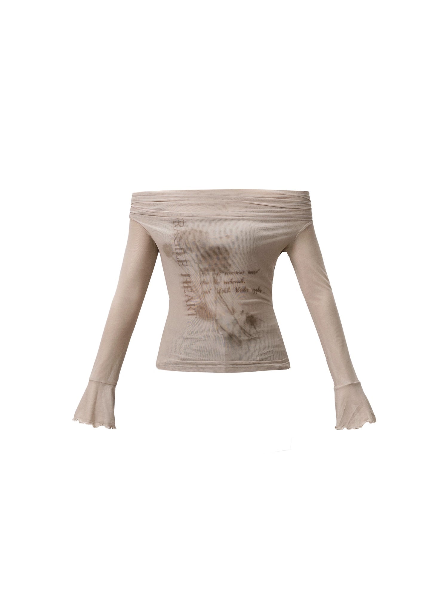 Off-shoulder Print Slim Long Sleeve Mesh T-shirt