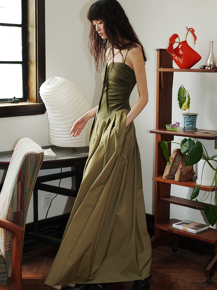 Polarized Faux Leather Hollow Suspender Long Dress