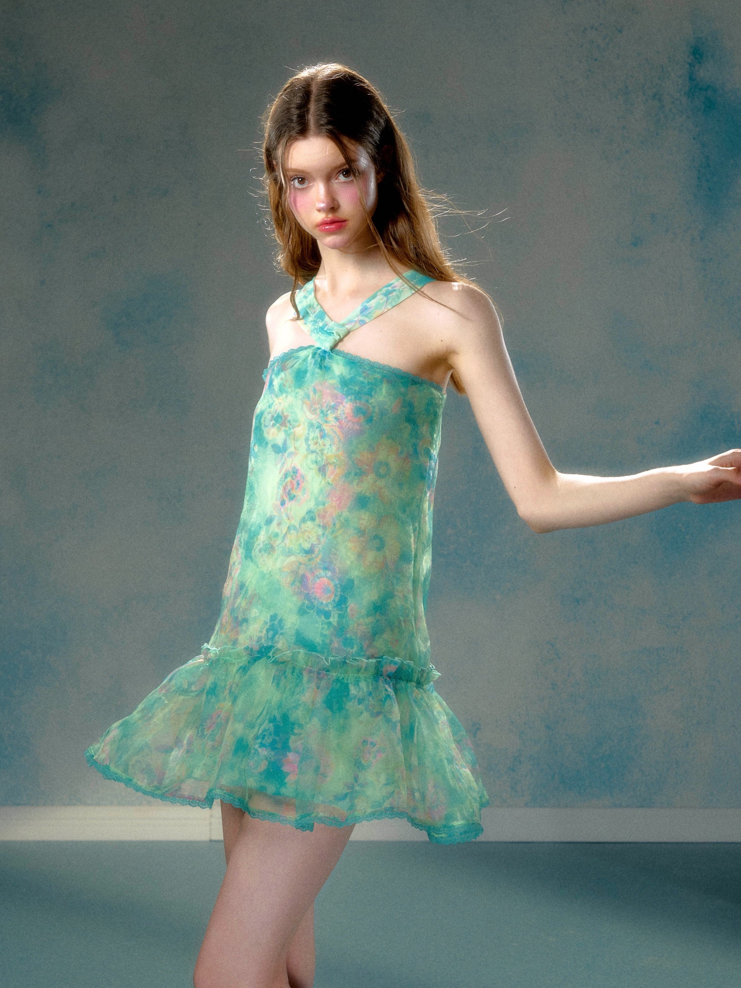 Oil Painting Style Mesh Lace Halterneck Dress