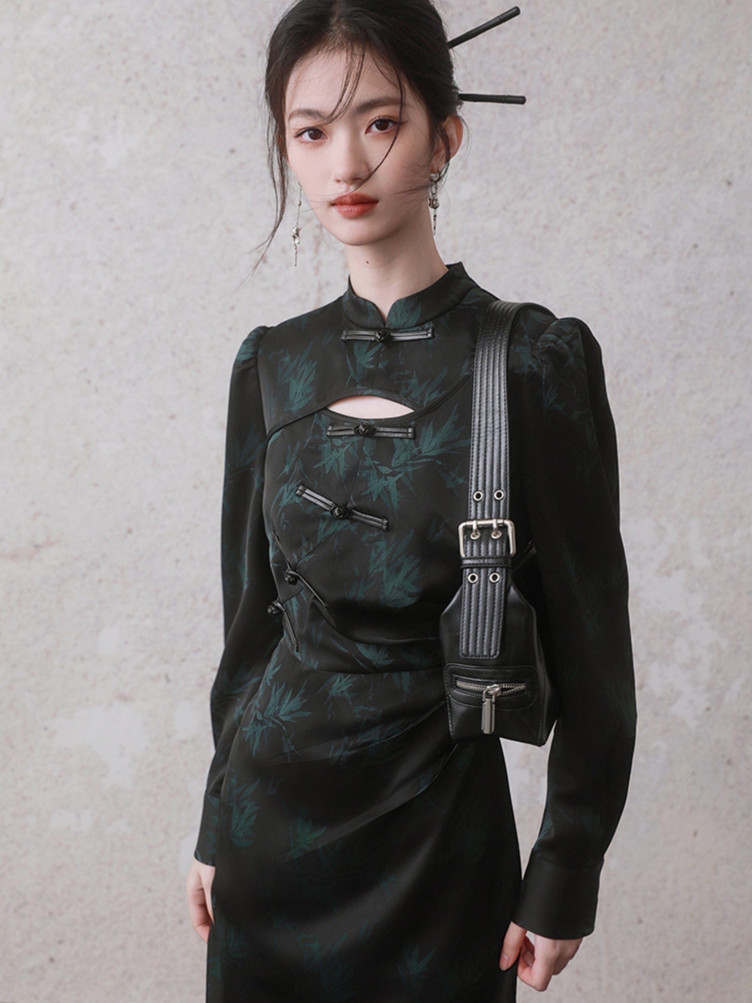 Bamboo Leaf Print Cheongsam Long Sleeve Dress