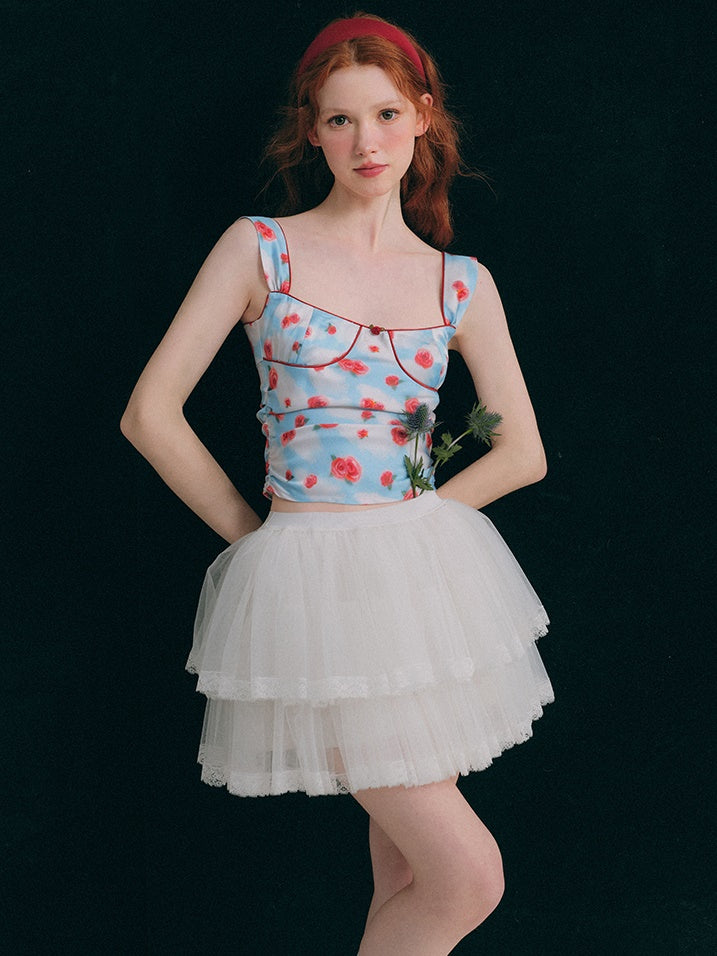 Sky Rosie peinte Camisole & Drape Ruffle Jupe