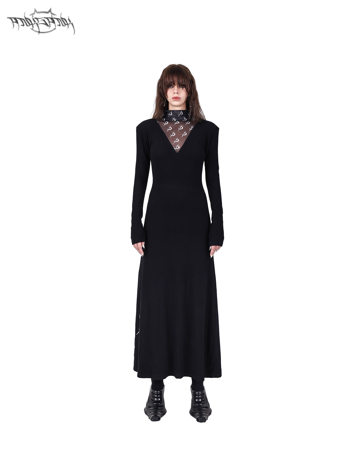 Mesh Splicing Shoulder Pad Bottle Neck Dress