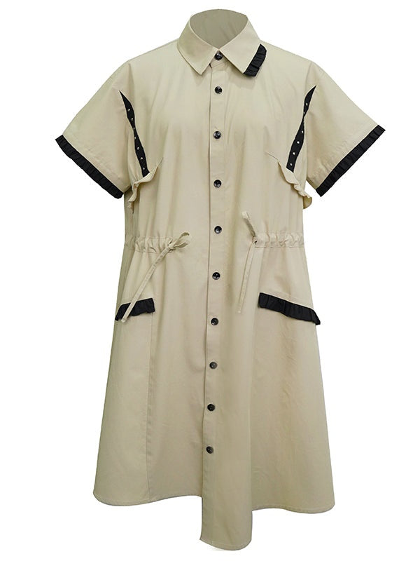 짧은 슬리드 드로 스트링 허리 셔츠 원피스