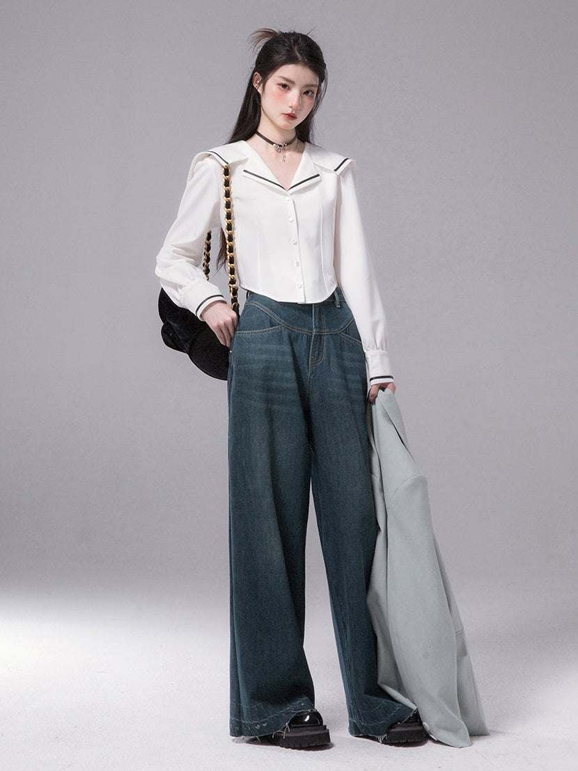 Wavy Split Line Retro Wide-leg Jeans