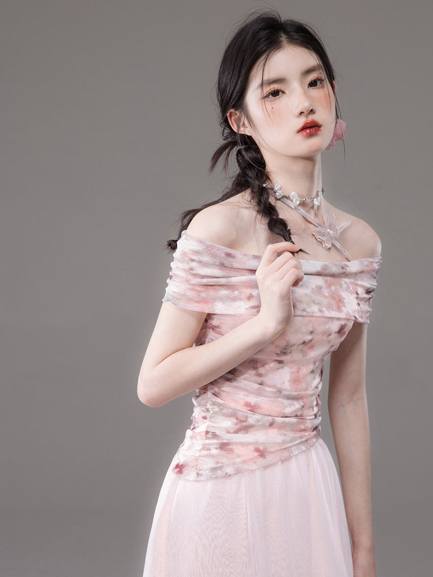 Mesh Print Off-Shoulder Top & Layered Asymmetry Skirt Set-up