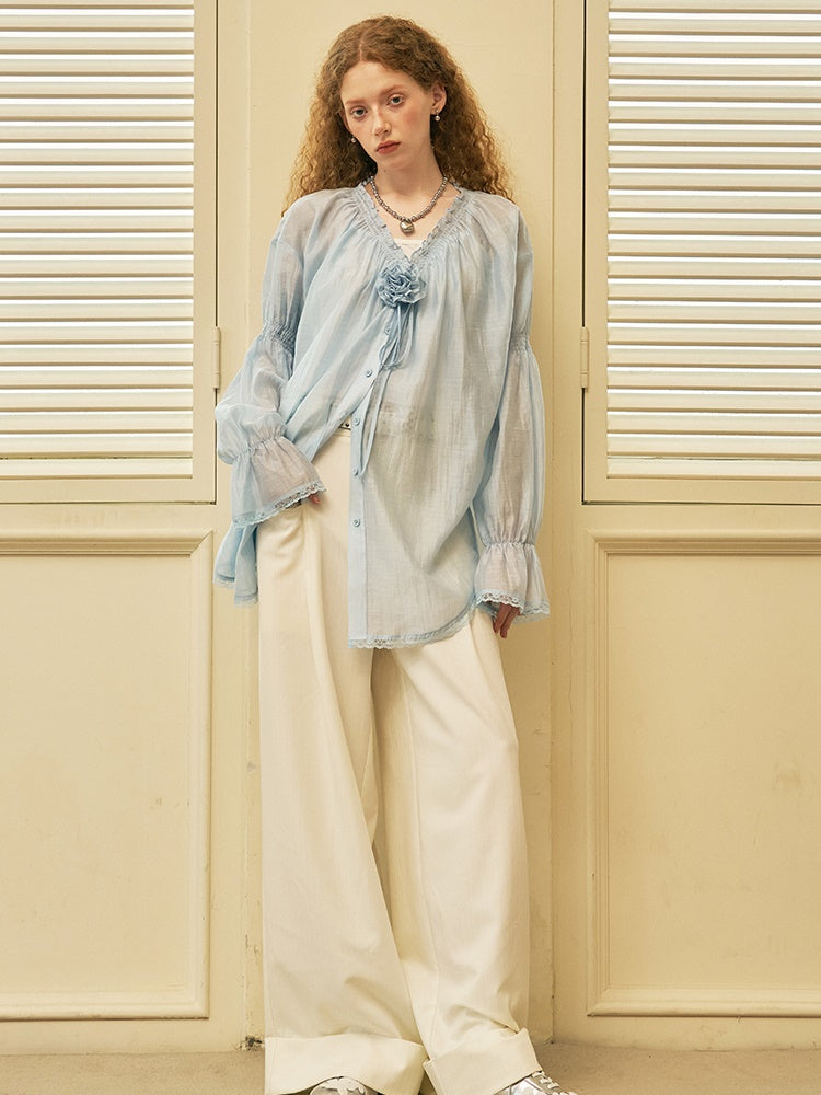 Gather V-Neck Lace Stitching Sheer Shirt