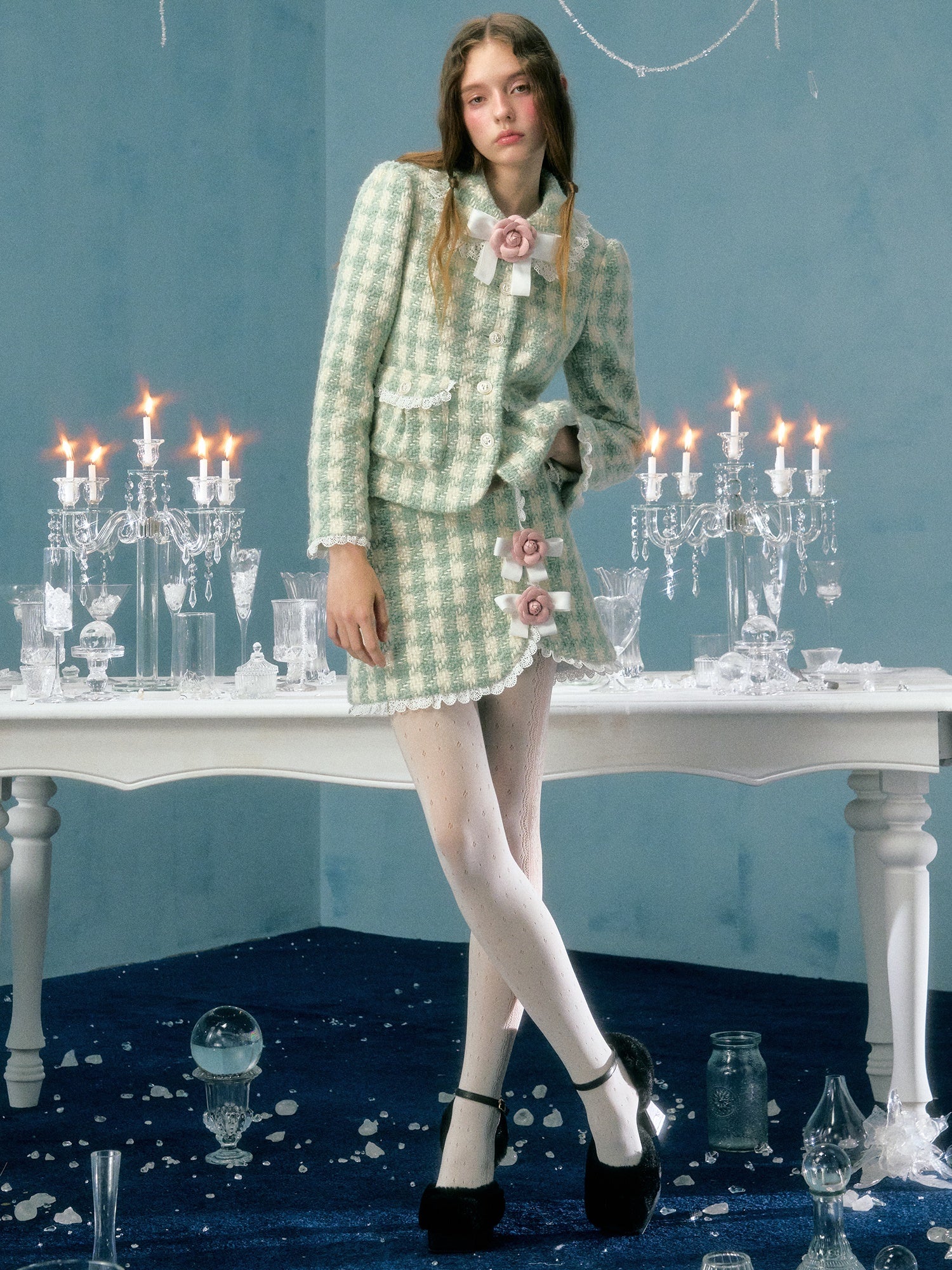 Plaid Bow Flower Brooch Lace Padded Short Jacket & Skirt