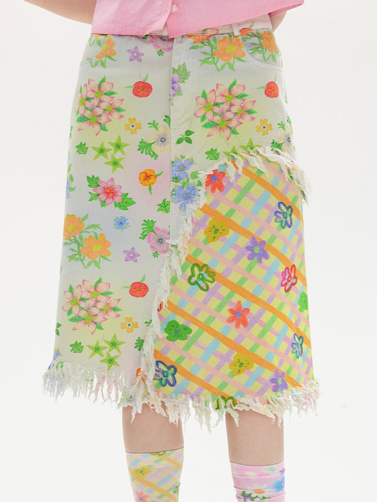 Nähte Blume Plaid A-Line-gedruckter Rock