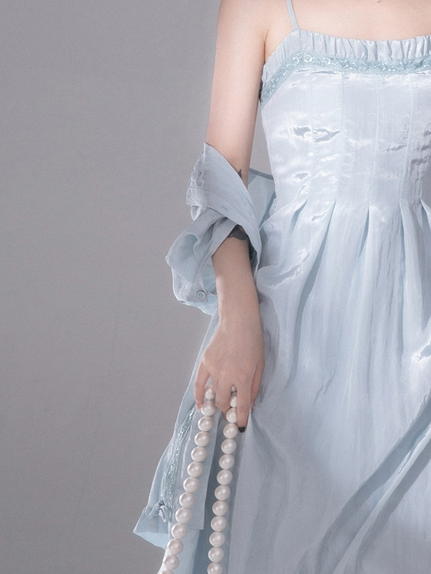 Glossy Drawstring Shirt & Slip Long Dress