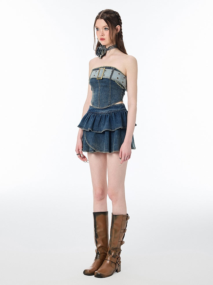 Top nue et jupe nue en denim doux et épicé et épicé