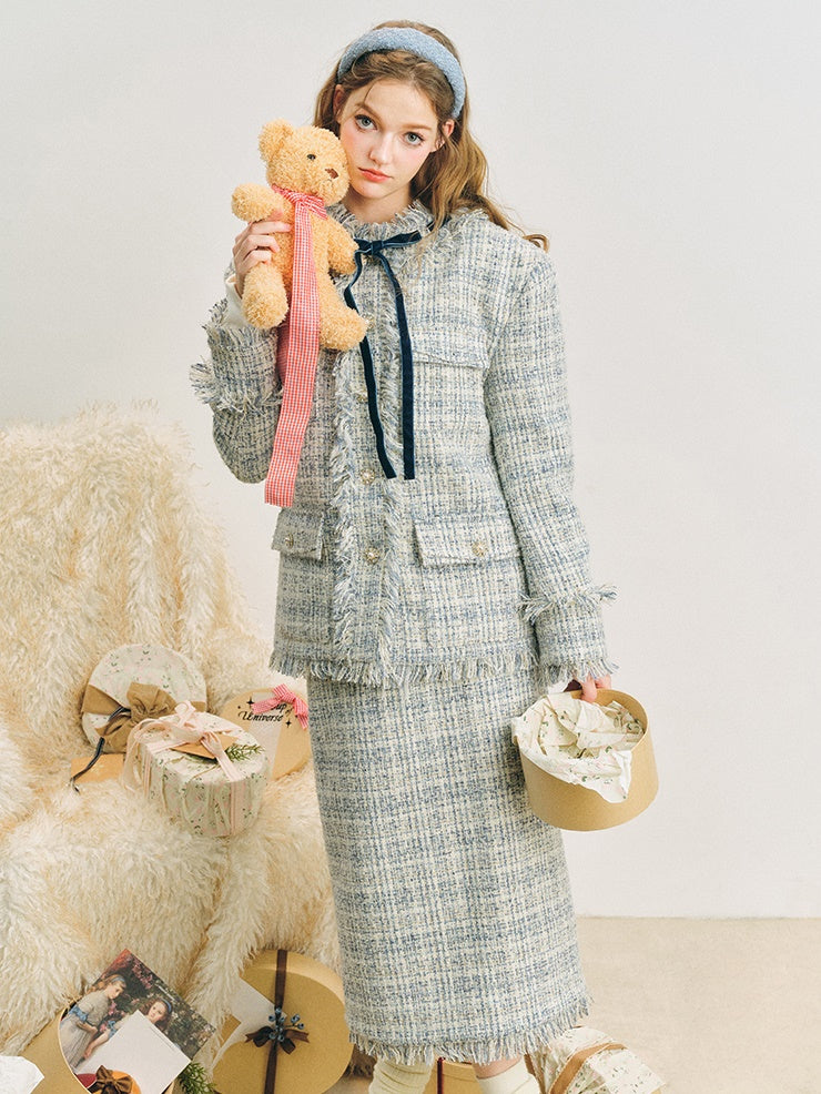 Loose Silhouette Tweed No-Collar Jacket & Mid-Length Skirt