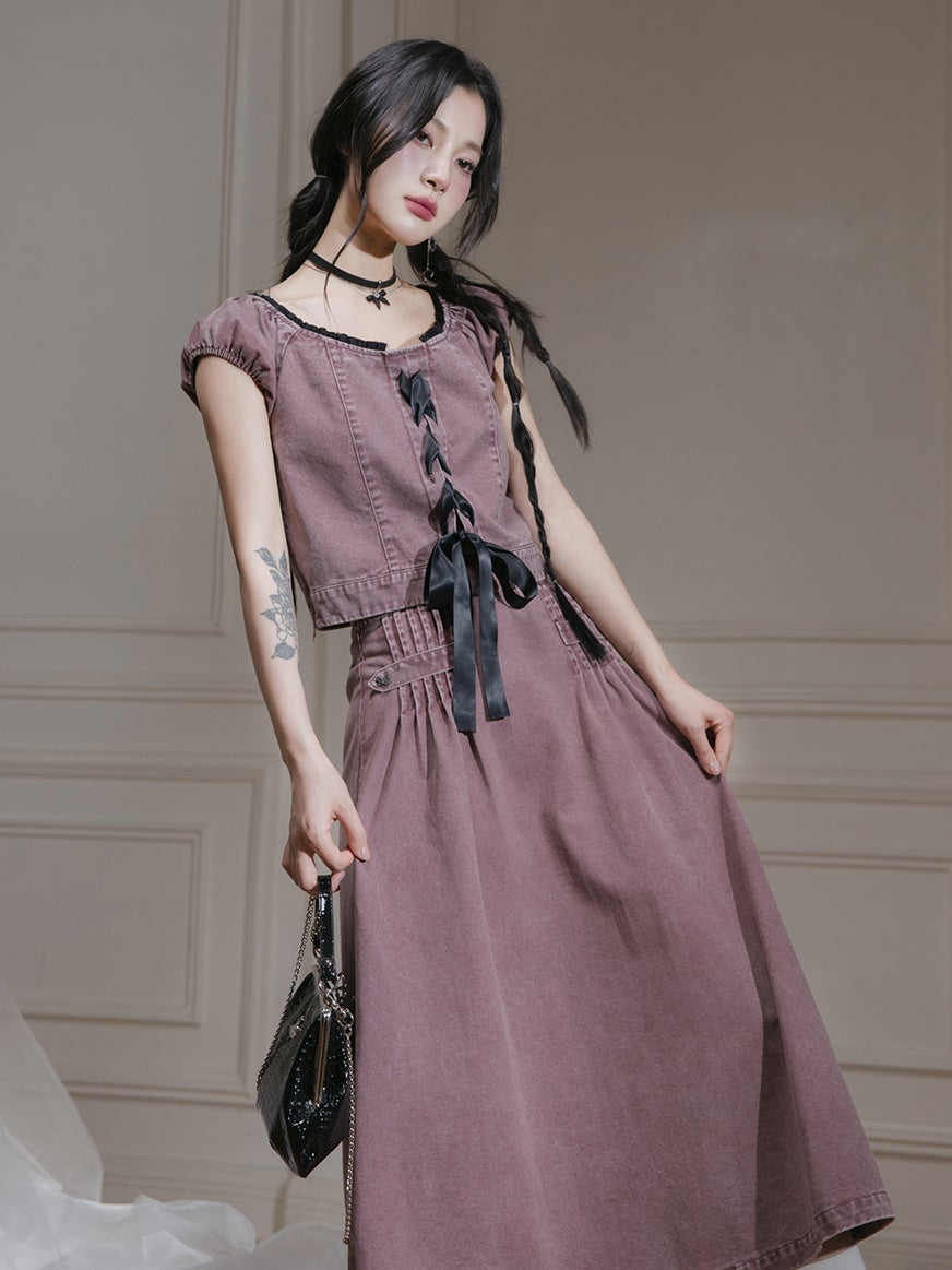 Washed Denim Lace-Up Top & A-Line Skirt Set-up