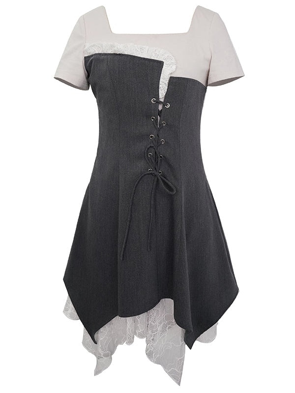 가짜 레이어 층 불규칙한 밑단 레이스 업 드레스