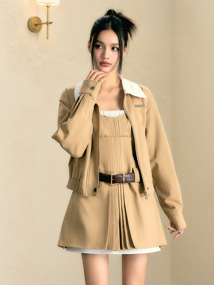 ZIP-Up Casual Jacket & Fake Layered Strap One-piece