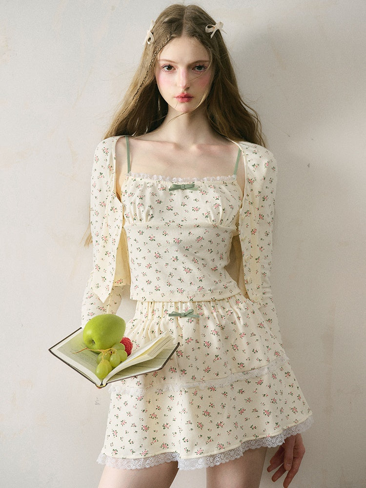French Floral Girly Camisole & Cropped Cardigan & Skirt
