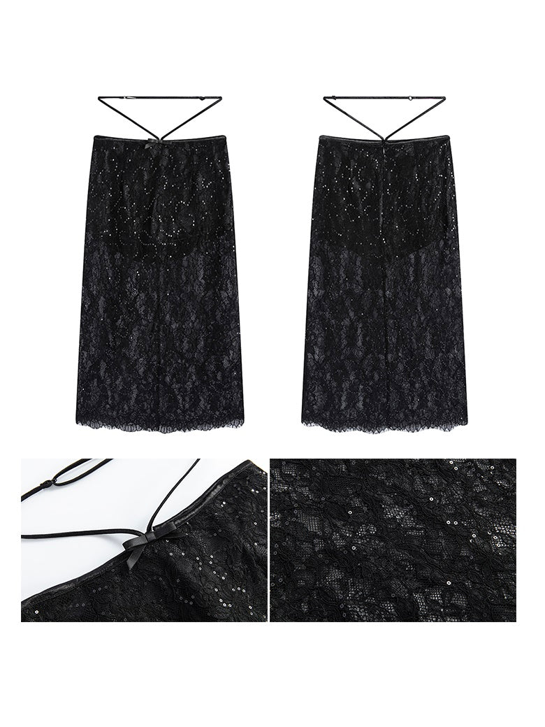 Lace Irregular Hem Camisole & Low Waist Mid-Length Skirt