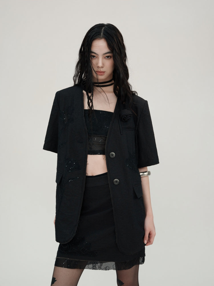 Carved Lace Embroidery Jacket & Camisole & Short Skirt