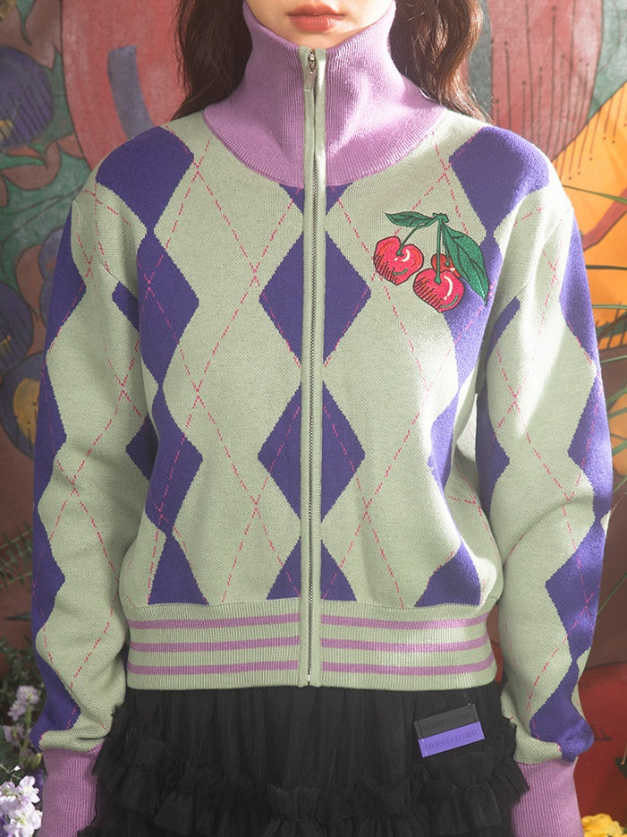 Cherry Embroidered Argyle Knitted Zipper Cardigan