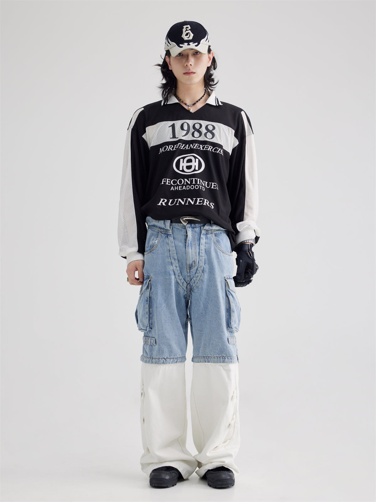 Polo Collar Mesh Print Long-sleeved T-shirt