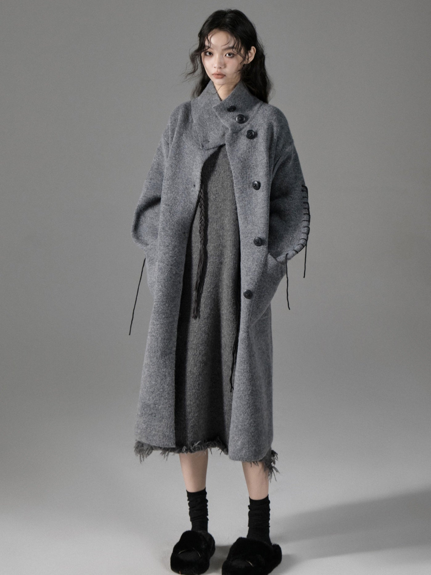 High-Neck Loose Long Soft Waxy Coat