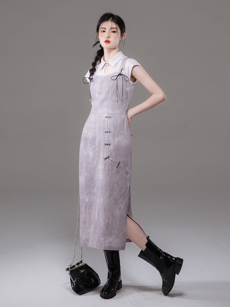 Chinese Style French Sleeve Cutsew & Tie-Dye Printed Suspender One-piece Set-up