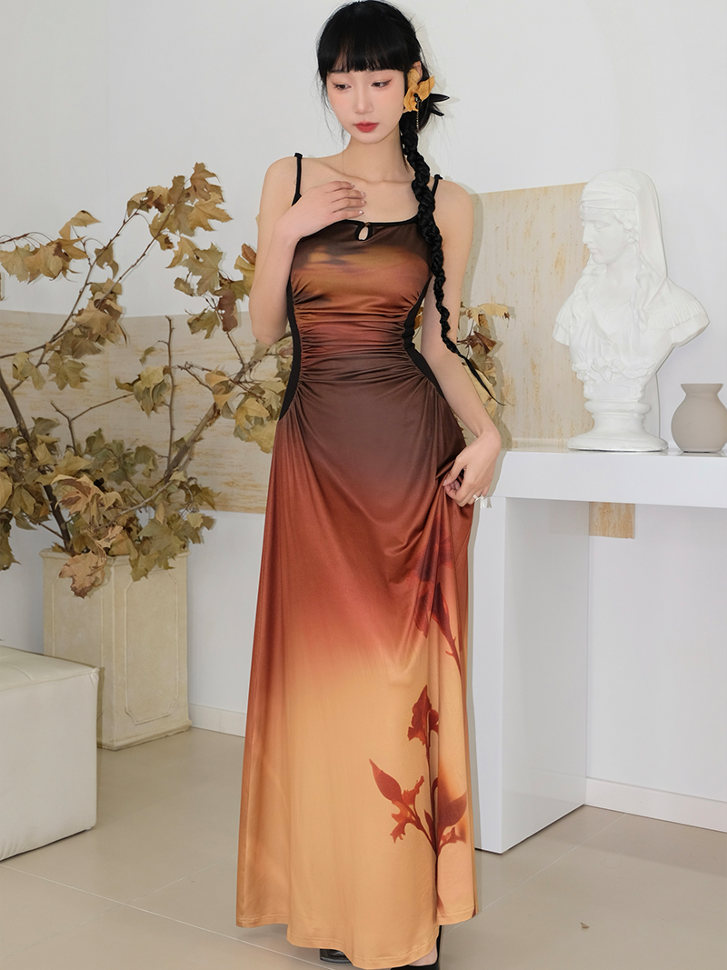 Gradation Printed Elastic Slim Fit Suspender Dress