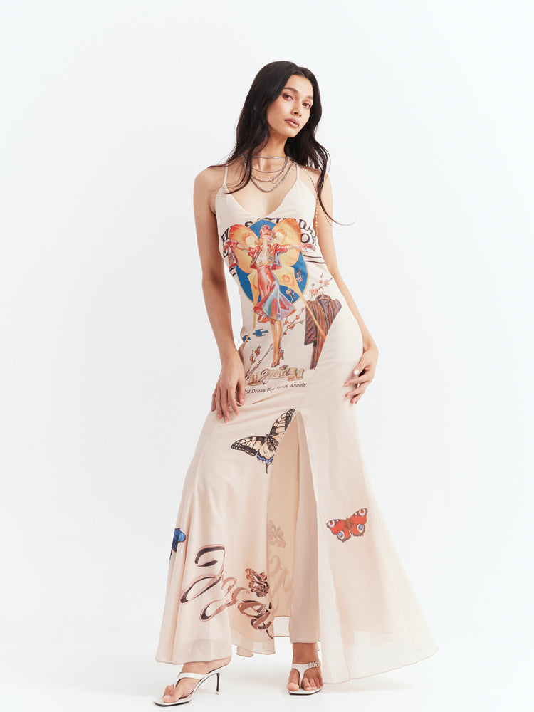 슬릿 프린트 슬링 드레스