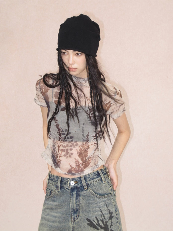 Plant Printing Micro-transparent Mesh T-shirt