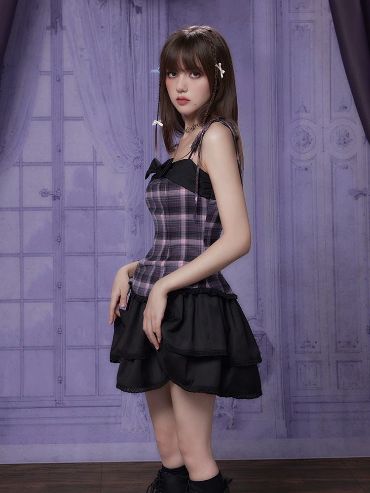 Grid Switching Design Suspender Dress