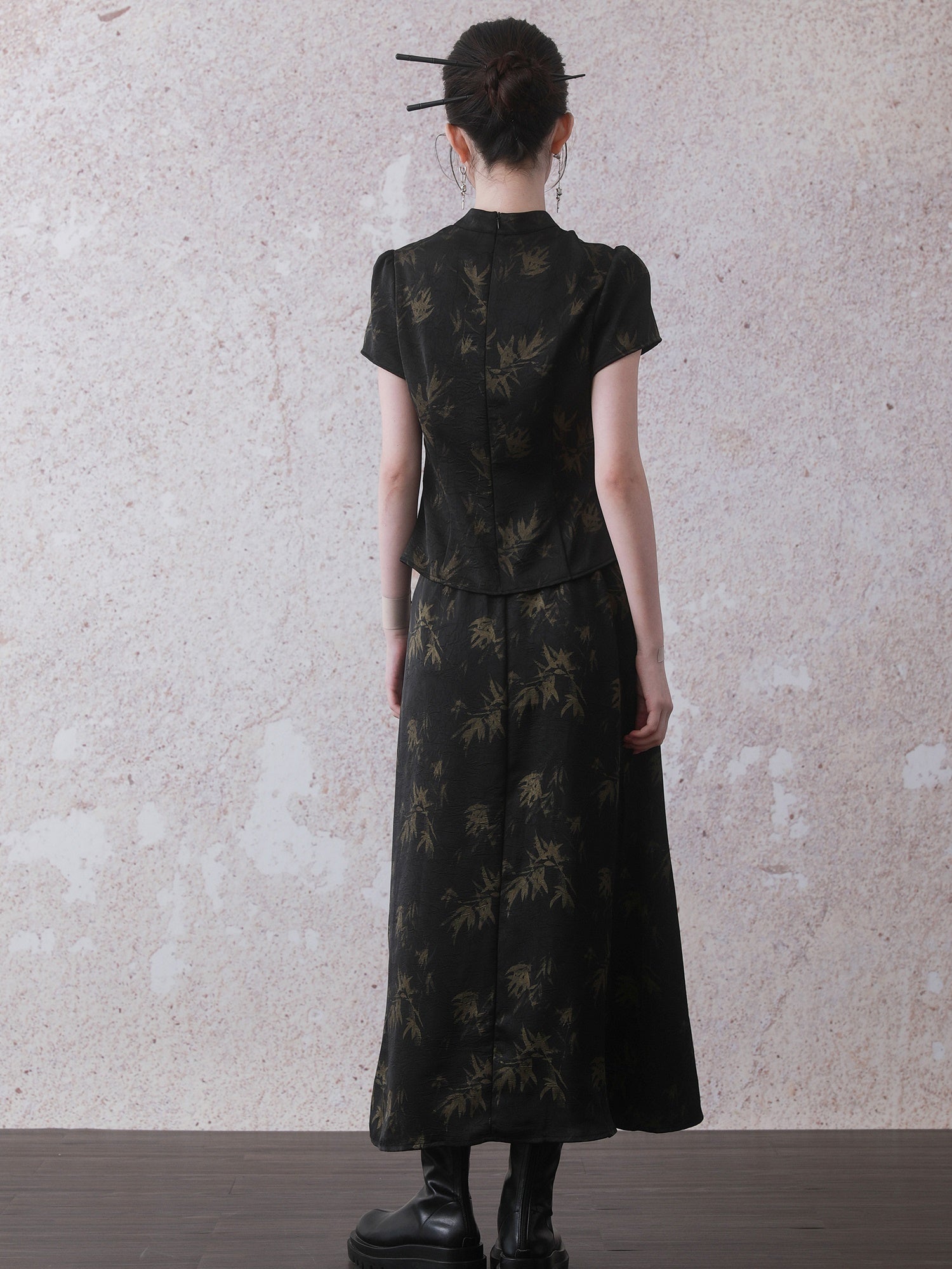 Chinese Style Bamboo Print Short Sleeve Shirt & A-Line Skirt