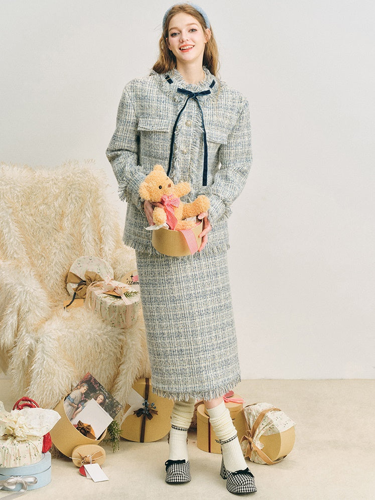Loose Silhouette Tweed No-Collar Jacket & Mid-Length Skirt