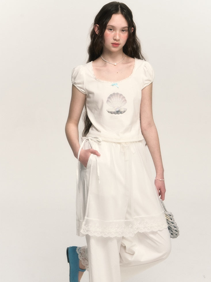 Shell Letter Print Puff Sleeve T-shirt
