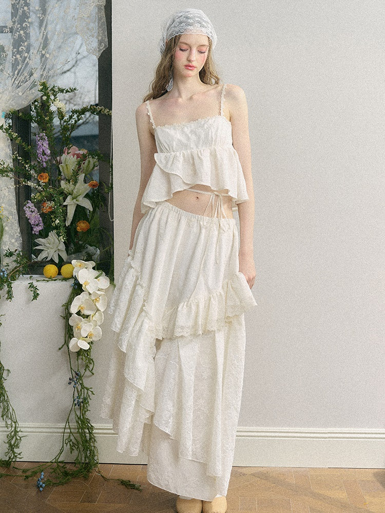 Embroidered Jacquard Ruffled Sling & Asymmetry Skirt