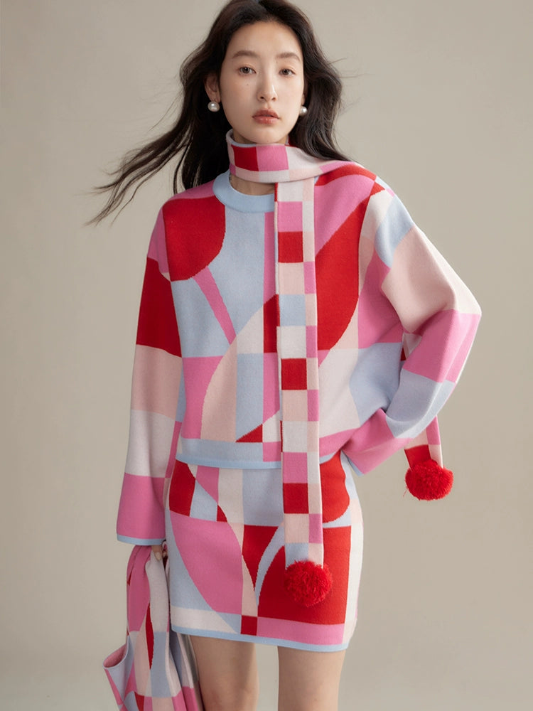 Mosaic Plaid Tulip Stole& Handbag & Knitted Sweater & Skirt