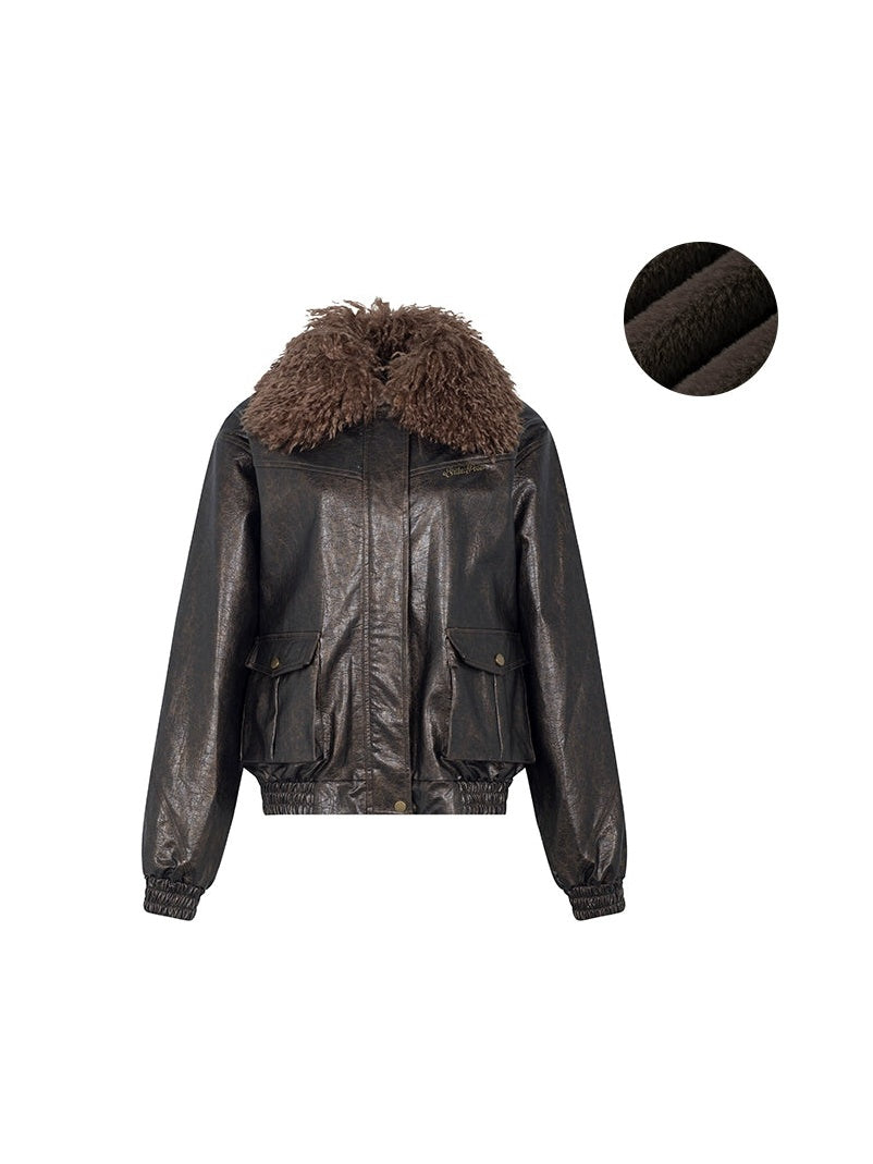 Abnehmbares Plüschkragen lose Lederjacke