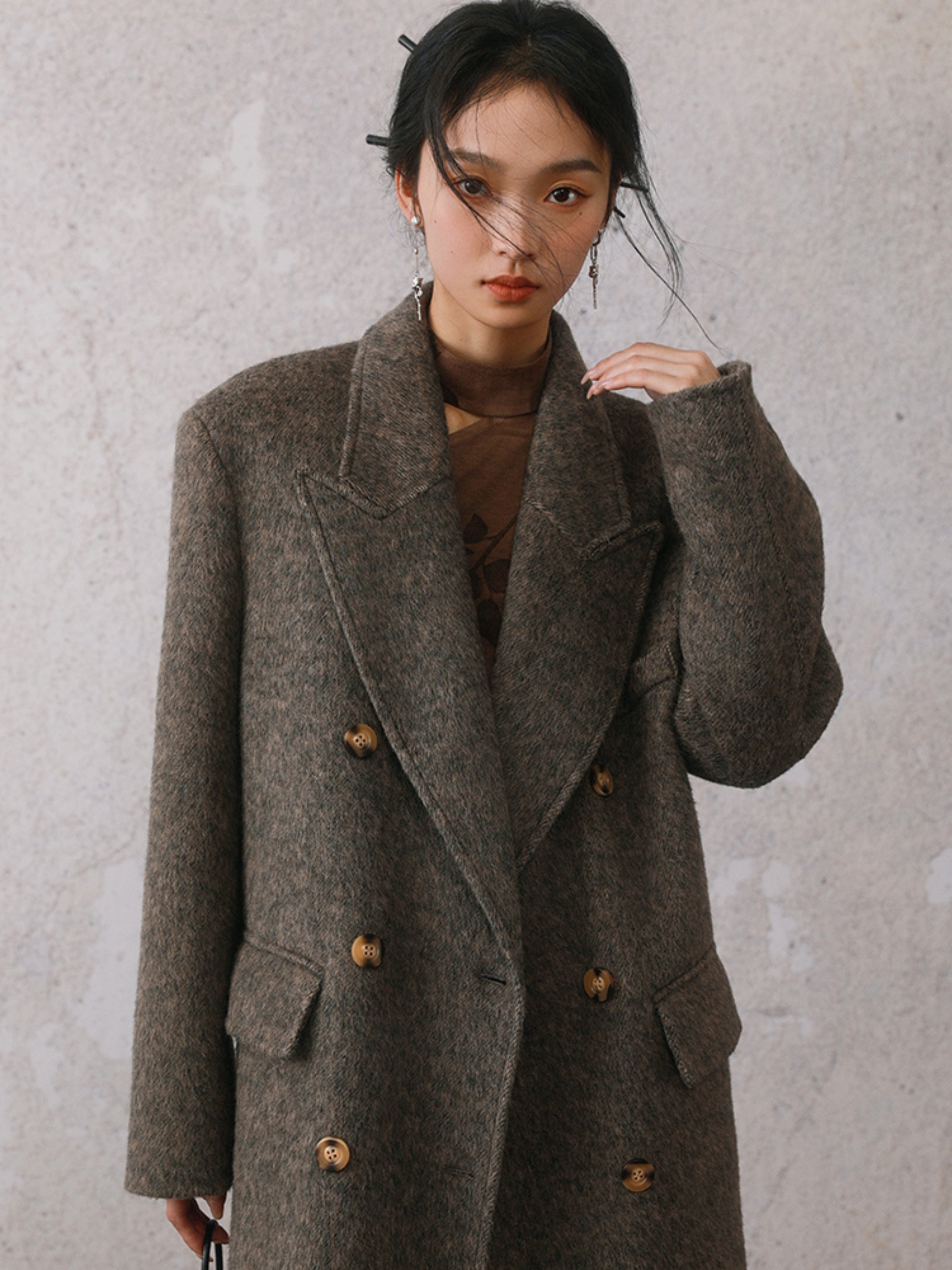 슈트 칼라 양면 미드 길이 코트