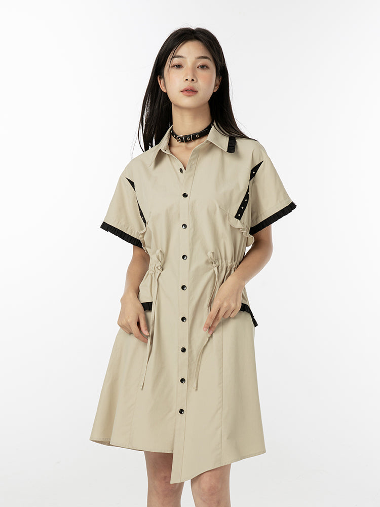 짧은 슬리드 드로 스트링 허리 셔츠 원피스