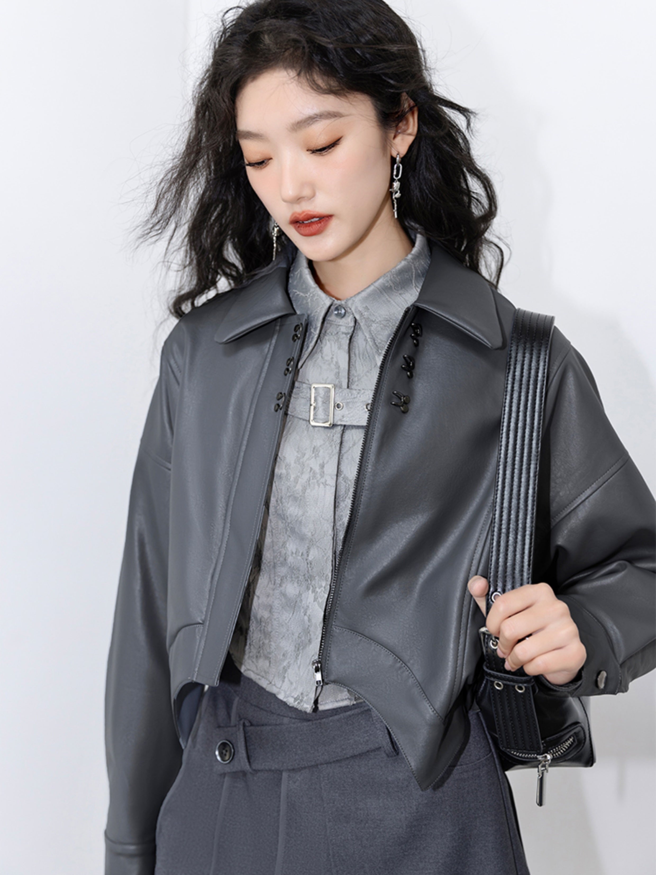 불규칙한 밑단 가죽 오토바이 재킷