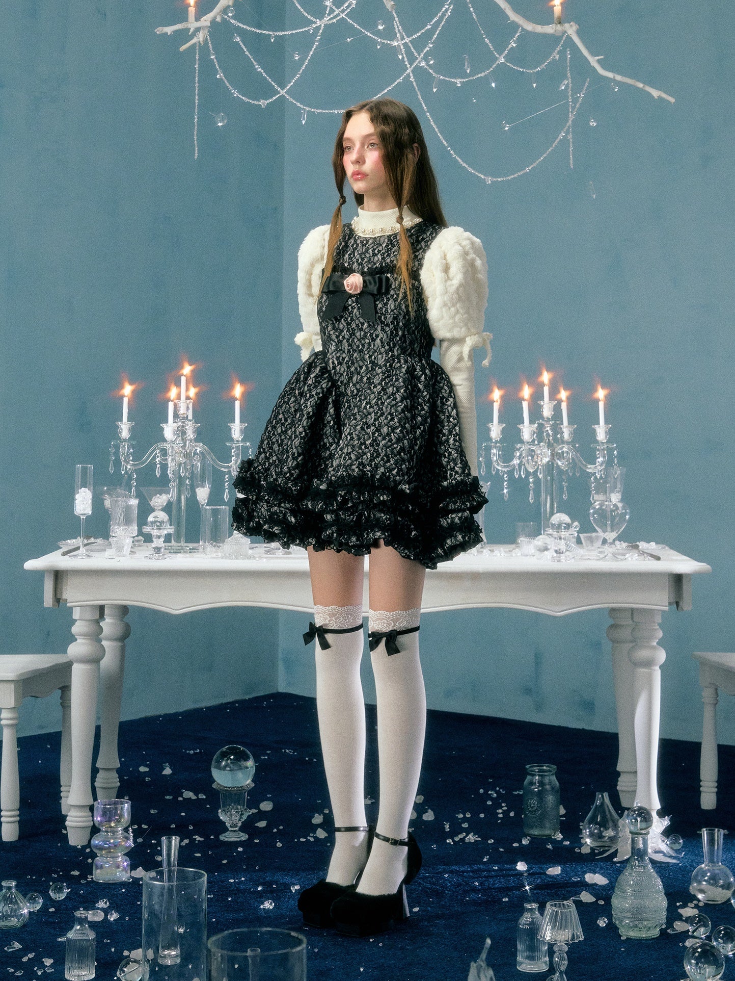 Lace Quilted Bow Flower Brooch Sundress & Puff Sleeve Top