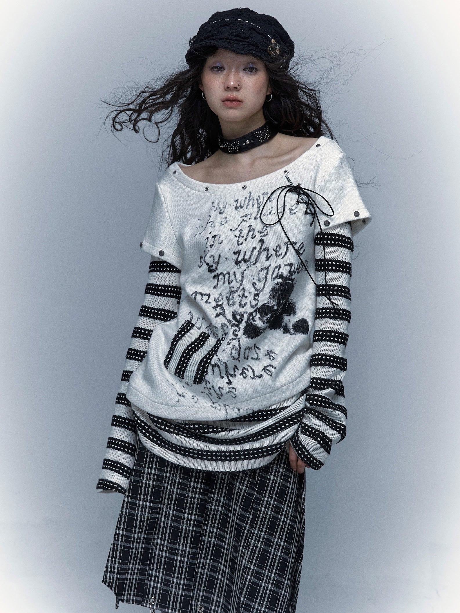 펑크 스 플라이 싱 스트라이프 프린트 긴팔 티셔츠