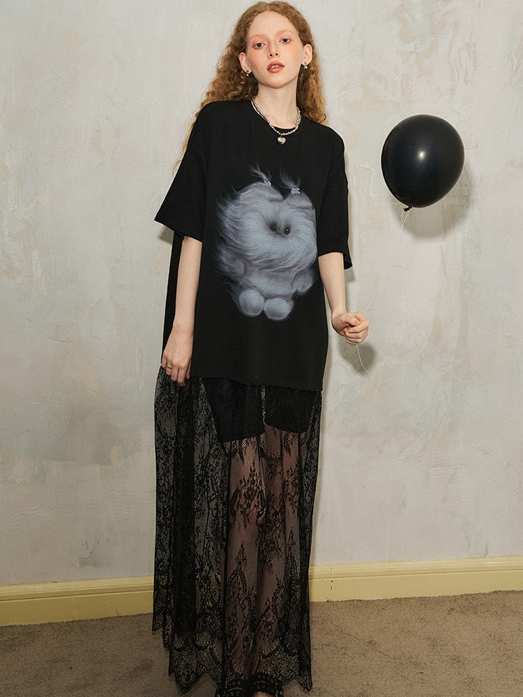 Print Loose Silhouette Spliced Lace T-shirt One-piece