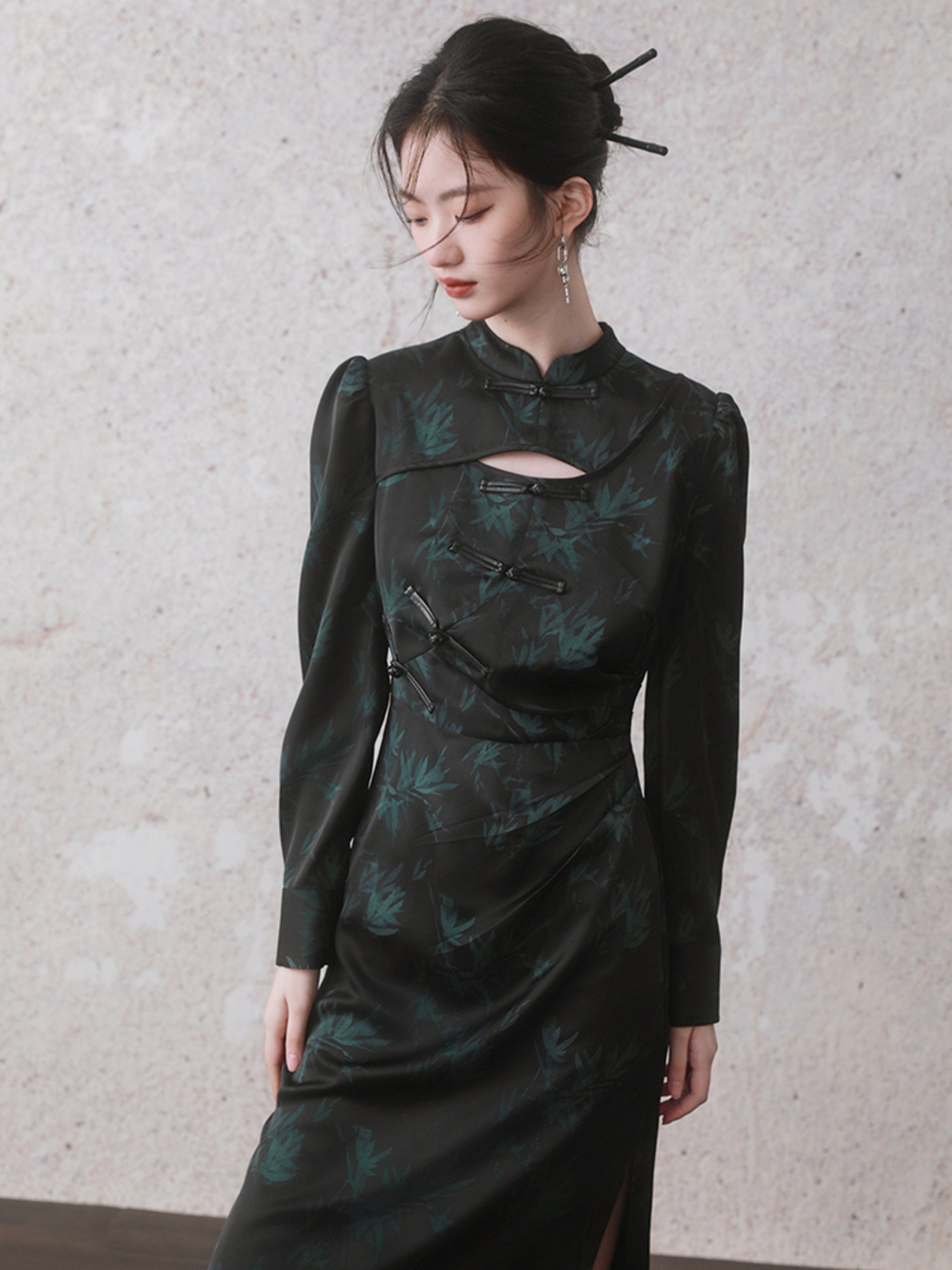Bamboo Leaf Print Cheongsam Long Sleeve Dress