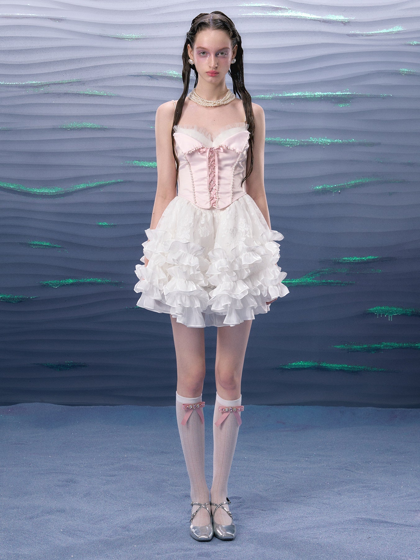 Organza Puffy Suspender Dress & Pearl Corset
