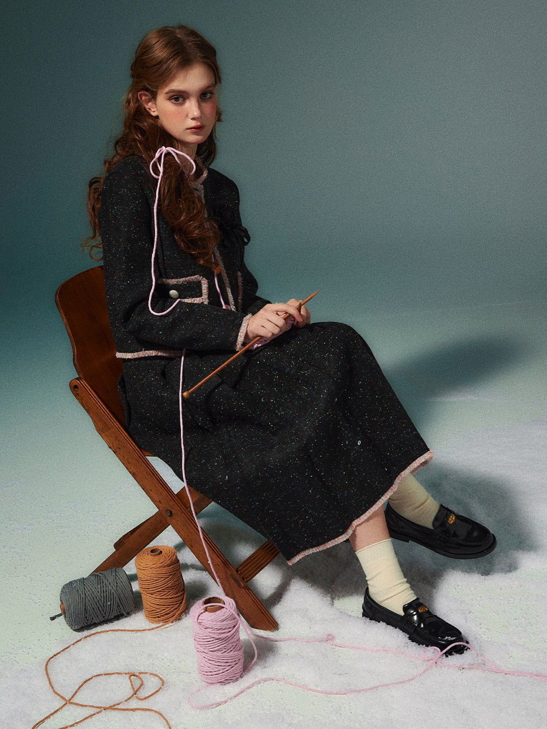 Colorful Dot No Collar Jacket & Pleated Skirt